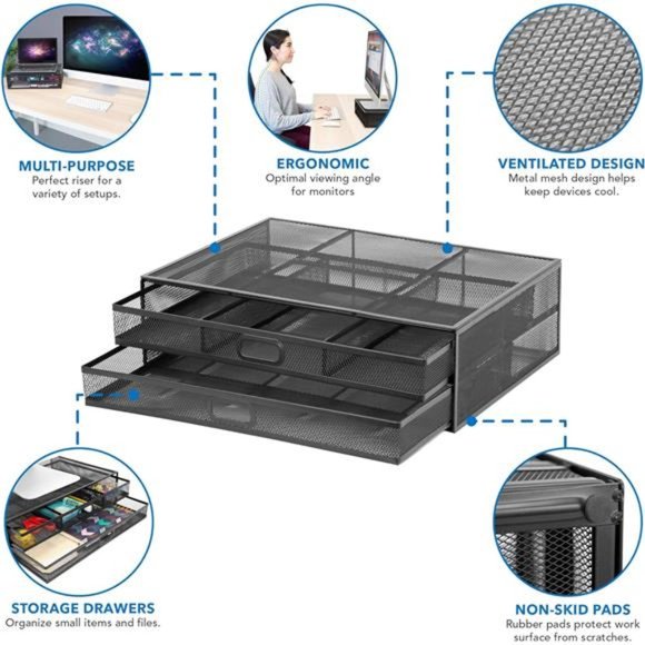 Computer Monitor Stand With Drawers, Metal Mesh Riser and Organizer for Laptops - Picture 4 of 6